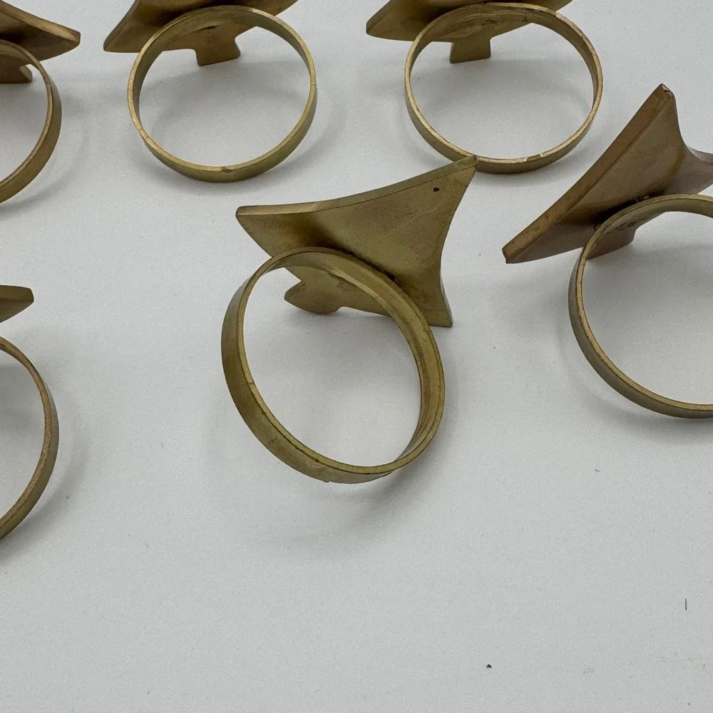 Vintage Brass Christmas Tree Napkin Rings Set of 8 Red Rhinestone Green Enamel
